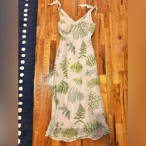Silk Midi Dress with Green and White Botanical Print